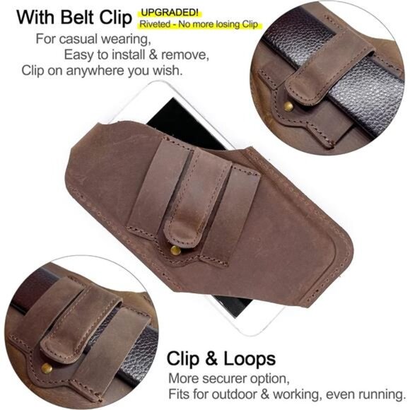 Leather Cell Phone Holster with Belt Clip, Leather Belt Phone Pouch, Universal - Picture 2 of 7